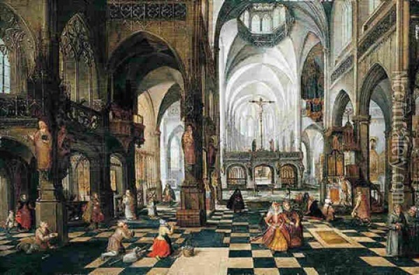 A Church Interior With Figures Oil Painting - Abel Grimmer