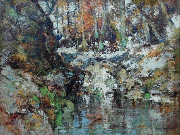 A Winter Woodland Stream Oil Painting - James Kay