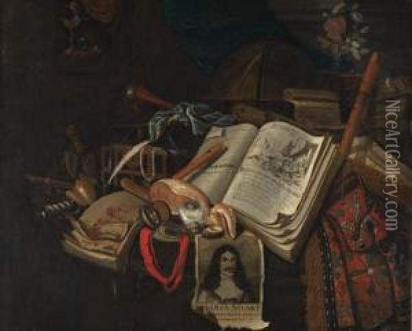 A Vanitas Still Life Of Books And Scrolls, An Etching Depictingking Charles Ii, A Globe, A Trumpet And Other Instruments, A Casketof Jewellery, An Oriental Carpet, A Vase Of Flowers And Otherobjects On A Table, With A Skull And A Silver Gilt Nautilus Cupw Oil Painting - Warnard Von Rysen
