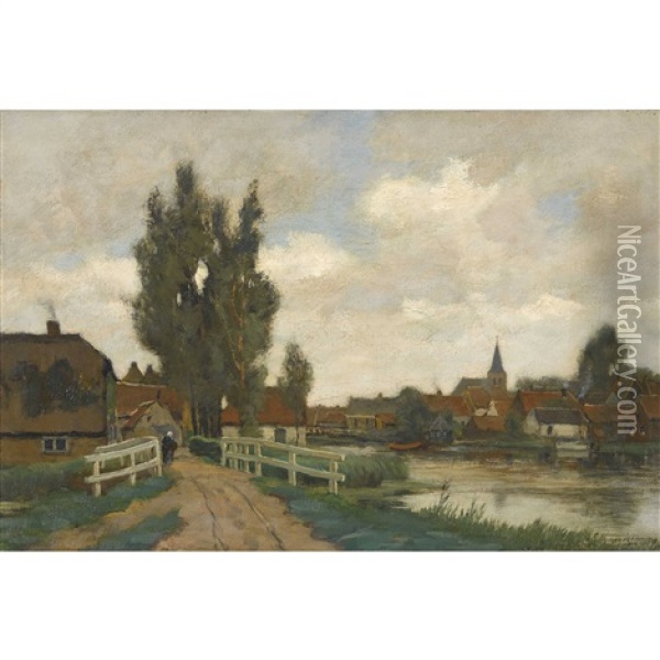 Flusslandschaft Mit Dorf Oil Painting - Sieger Baukema