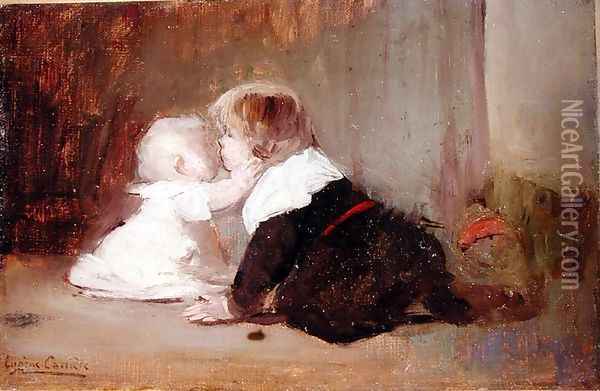 Children Playing, Leon and Marguerite, 1883 Oil Painting - Eugene Carriere