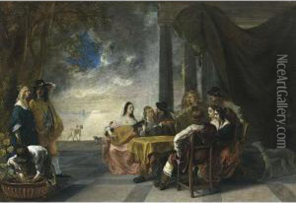 An Elegant Company Making Music On A Terrace At Night, With A Lake Beyond Oil Painting - Gerard Pietersz. Van Zijl