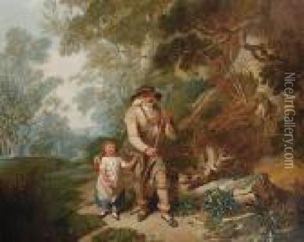 An Elderly Man With A Young Boy On A Wooded Path Oil Painting - John Joseph Barker Of Bath