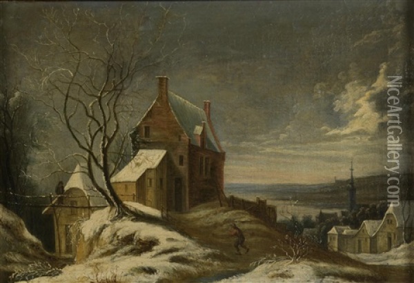 Snow Landscape With The City Of Brussels In The Background Oil Painting - Daniel van Heil