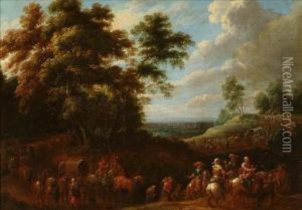 A Cavalry Trainpassing Through A Wooded Landscape Oil Painting - Lambert de Hondt