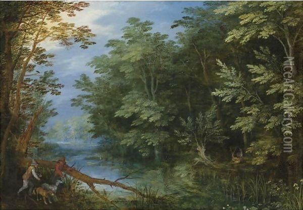 A Wooded River Landscape With Sportsmen Oil Painting - Jan The Elder Brueghel