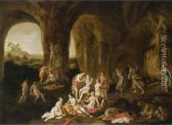 Diana And Her Nymphs Resting After The Hunt In A Cave, Surrounded By Antique Statues Oil Painting - Adriaen van Nieulandt