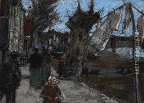 Washing Day By A Busy Street Oil Painting - Henry Muhrman