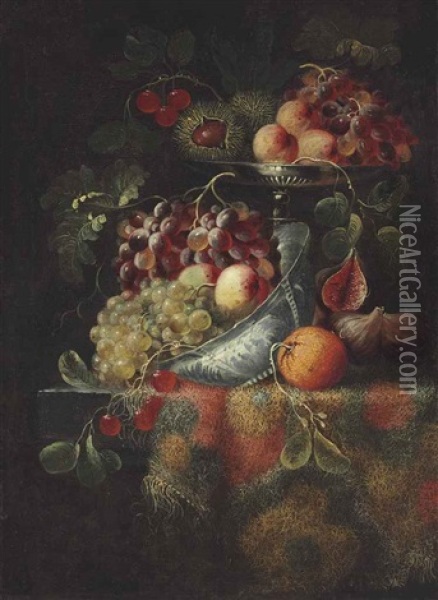 Chestnuts, Cherries, Peaches, And Grapes In A Silver Tazza And Porcelain Bowl On A Partially Draped Table With An Orange And Figs Oil Painting - Jacques Hupin