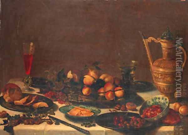 Pears, apples, apricots, prunes, cranberries, blueberries, cherries and strawberries on pewter plates, butter on a wan-li dish Oil Painting - Pieter Claesz