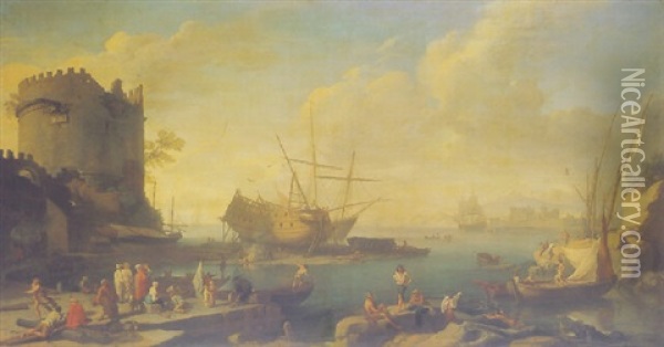 A Mediterranean Harbor Scene With Sailors And Other Figures On The Docks, Near A Ruined Fortress Oil Painting - Adrien Manglard