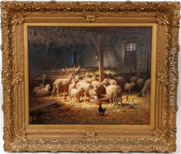 Barn Scene With Sheep Oil Painting - Charles H. Clair