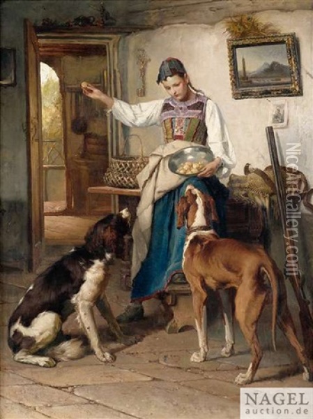 Im Eingang Eines Bauernhauses Futtert Ein Madchen Zwei Jagdhunde Oil Painting - Theodore Gerard