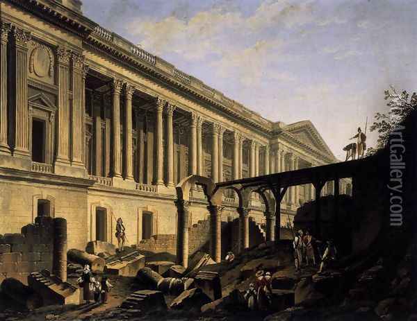 Clearing the Area in front of the Louvre Colonnade (1) c. 1760 Oil Painting - Pierre-Antoine de Machy