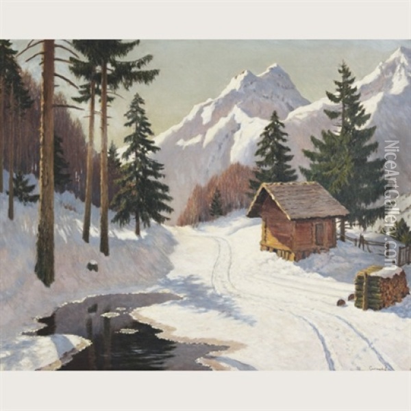 Cabin In A Mountainous Winter Landscape Oil Painting - Mikhail Markianovich Germanshev