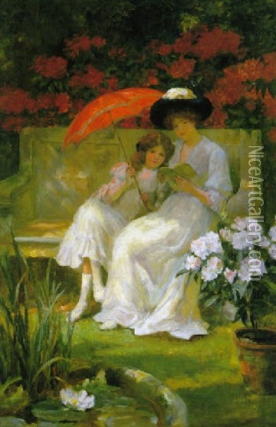 Woman And Child In A Garden Oil Painting - George Sheridan Knowles