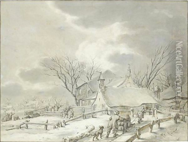 Winter Landscape With Peasants With A Sledge By A Farm, A Town Beyond Oil Painting - Jacob Cats