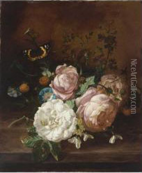 A Still Life With Roses, Morning Glory, Lily-of-the-vally, And Other Oil Painting - Rachel Ruysch