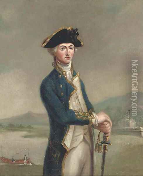 Portrait of Captain Horatio Nelson, three-quarter-length, standing before the captured Spanish Fort San Juan, Nicaragua Oil Painting - John Francis Rigaud
