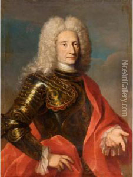 Portrait Of A Gentleman, Half Length Wearing Armour And A Red Cloak Oil Painting - Bartolomeo Nazari