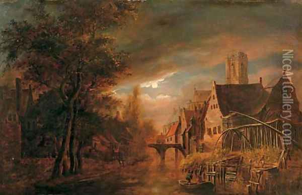 A moonlit river landscape with fishermen, a village nearby Oil Painting - Aert van der Neer