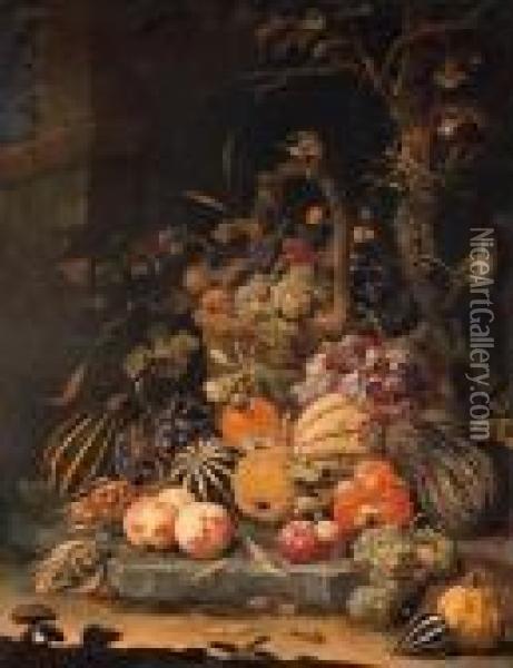 A Forest Floor Still Life With 
Grapes, Plums, Rosehips,blackberries And Ears Of Corn In A Basket, With 
Peaches, Melons Andcorn Cobs On A Stone Slab, With A Goldfinch, A Snail,
 A Beetle Andother Insects, A Mouse By Mushrooms In The Foreground, By A
 Oil Painting - Abraham Mignon