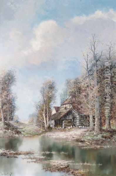 Cabin On A Lake With Chickens Oil Painting - William C. Bauer