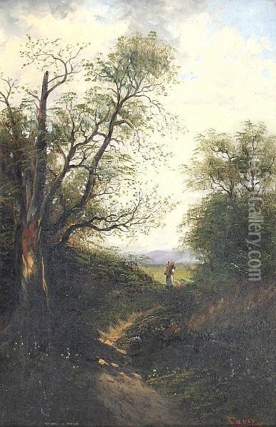 A Wooded Landscape With Figure Collecting Firewood, And Another Similar, A Pair Oil Painting - G. Davis