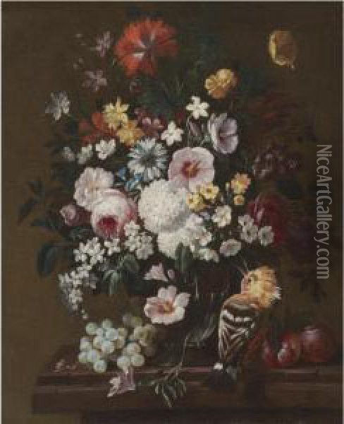 A Still Life With Flowers In A Glass Vase With A Hoopoe, Plums And A Bunch Of Grapes Oil Painting - Philip Van Kouwenbergh