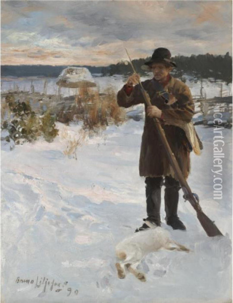 Vardshusarn, Allmogejagare I 
Snolandskap (vardshusarn, Peasant Hunter In Winter Landscape) Oil Painting - Bruno Andreas Liljefors
