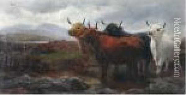 Highland Cattle Before A Landscape Oil Painting - Robert Watson