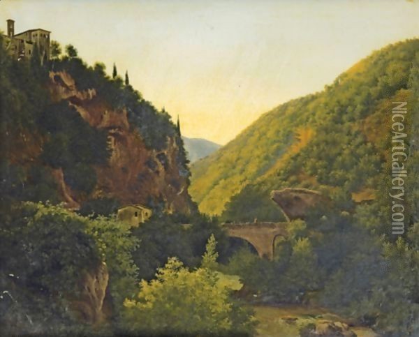 Bridge And Acqueduct In Ruins, San Cosimato Oil Painting - Lancelot Theodore Turpin De Crisse