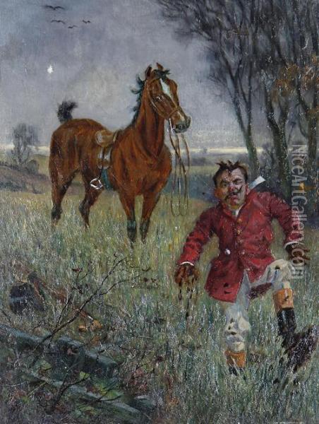 A Huntsman Thrown By His Horse Into A Muddy Field Oil Painting - William Irving