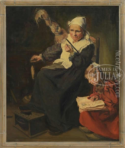 Child Reading Next To Grandmother Spinning Wool Oil Painting - Andre-Antoine Crochepierre