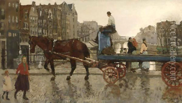 A Horse-Drawn Cart Crossing The Eenhoornsluis On The Korte Prinsengracht, Amsterdam Oil Painting - George Hendrik Breitner