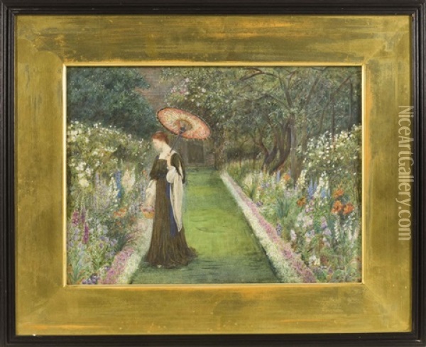 Lady With A Parasol In A Garden Oil Painting - Marie Spartali Stillman