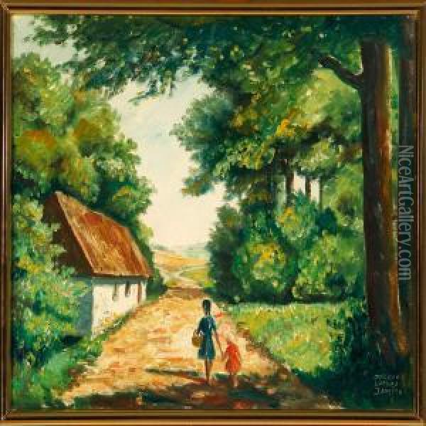 Mother And Child On A Path Oil Painting - Luplau Janssen