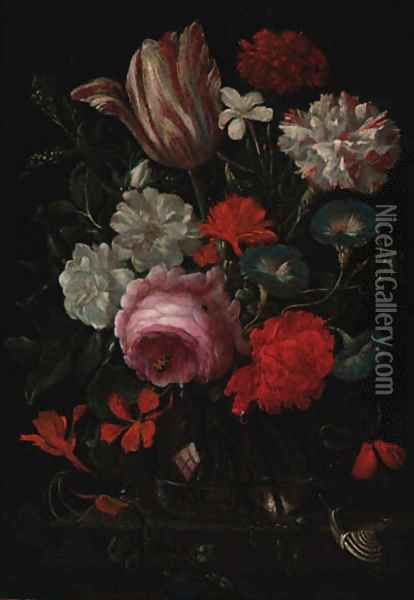 Roses, carnations, convolvulus and a tulip with insects and a snail on a ledge Oil Painting - Jan Davidsz. De Heem