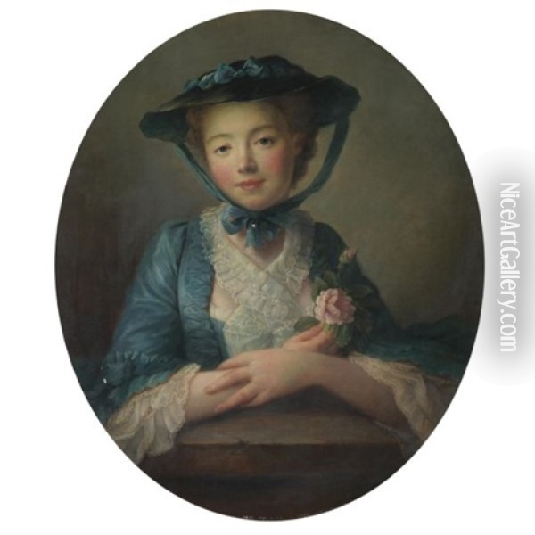 Portrait Of A Young Girl, Half Length, In A Blue Dress And Hat, Holding Roses Oil Painting - Francois Hubert Drouais