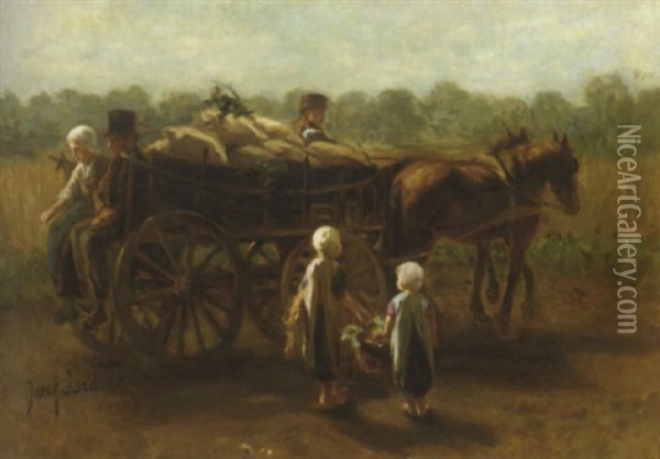 De Aardappeloogst: A Peasant Couple On A Horse Cart Oil Painting - Jozef Israels