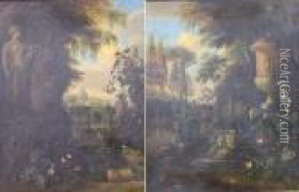 Garden Views: Two Oil Painting - Mathias Withoos