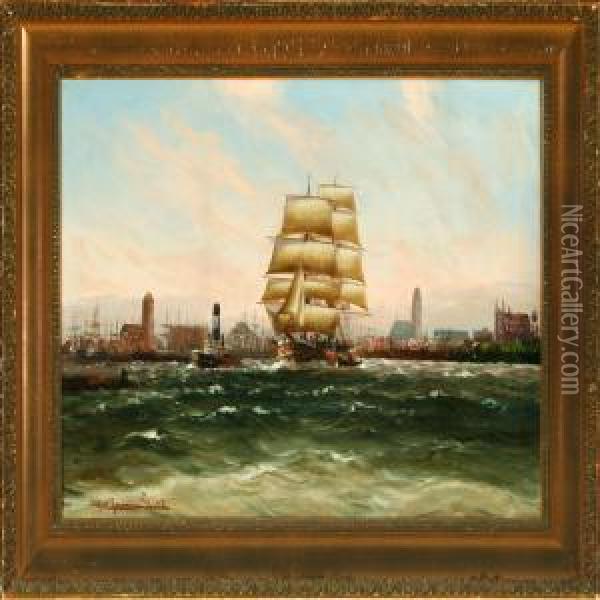 Outgoing Ships At Theport Of Hamburg Oil Painting - Alfred Jensen