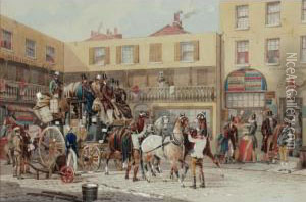 Coach And Horses Outside A Hotel In London Oil Painting - Charles Cooper Henderson