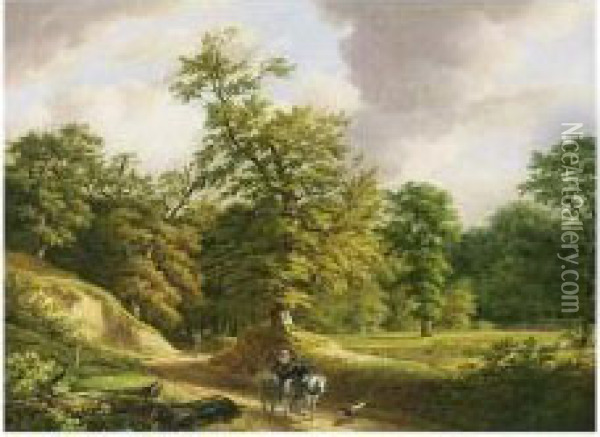 A Wooded Landscape With A Couple On A Horse-cart Oil Painting - Ludwig Christian Wagner