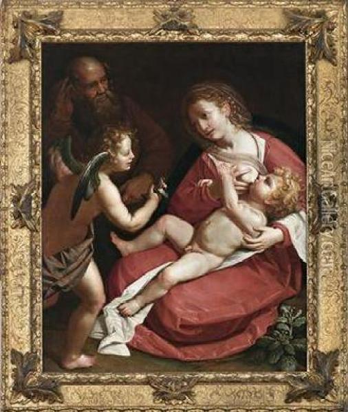 The Holy Family With An Angel Oil Painting - Alessandro Turchi