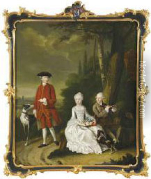 Portrait Of Isaac Willensz Hooft, Daniel Willensz Hooft And Clare Hidegonda Hooft With A Spaniel And Lurcher In A Landscape Oil Painting - Tibout Regters