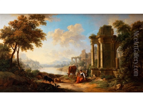 Sudliche Ideallandschaft Mit Antiken Ruinen Und Einer Viehhirtin Oil Painting - Johann Georg Schuez