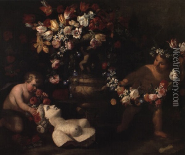 Putti Ornant De Guirlandes De Fleurs Un Buste De Femme Oil Painting - Abraham Brueghel