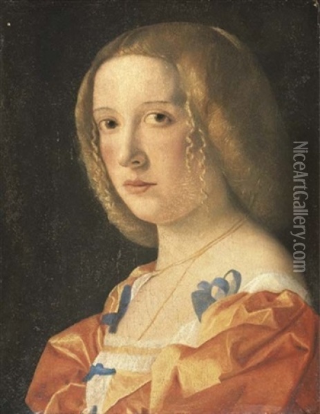 Portrait Of A Young Lady, Bust-length, In A Blue-bowed Orange Dress Oil Painting - Giovanni Cariani