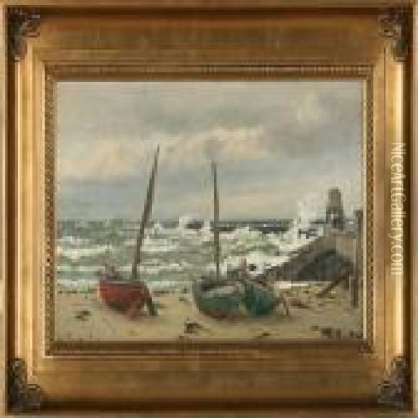 Fishing Boats On The Beach At Hirtshal Oil Painting - Christian Vigilius Blache